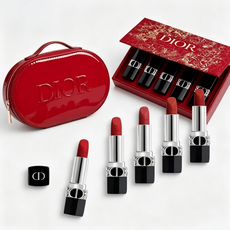 Dior Red Cosmetic Pouch + Dior Lipstick Mini Set 5 X 1.5g (Shades