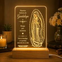 Luminária Noturna Acrílica Nossa Senhora de Guadalupe, Presente Católico Cristão para Mãe, Lâmpada LED Religiosa com Base de Madeira, Decoração de Quarto com Fé, Presente Significativo para Mulheres e Famílias - luz branca quente - Visão 13