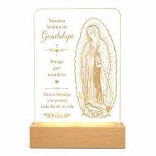 Luminária Noturna Acrílica Nossa Senhora de Guadalupe, Presente Católico Cristão para Mãe, Lâmpada LED Religiosa com Base de Madeira, Decoração de Quarto com Fé, Presente Significativo para Mulheres e Famílias - luz branca quente - Visão 2