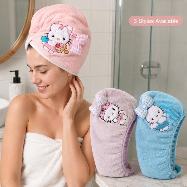 MINISO Sanrio Hello Kitty 1pc Cartoon Hair Drying Cap, Super Absorbent Quick-Drying Soft Plush Hair Towel Cap, Suitable For Bathing, Showering, Travel, Home Hair Care