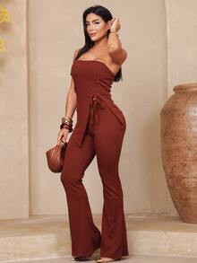 Women's Strapless Pants And Blouse Set With Diagonal Cutout - 咖啡棕色 - 查看 2