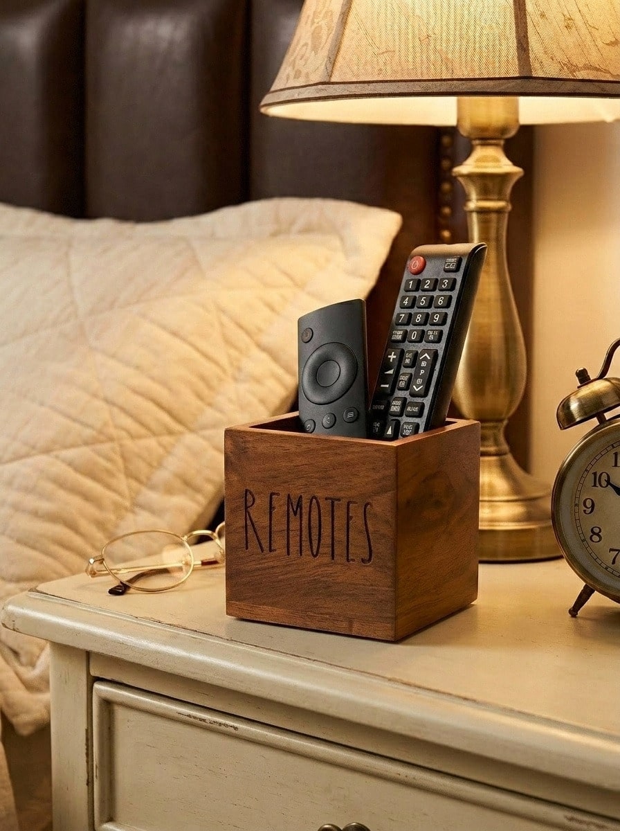 Cirelle 1pc Wooden Remote Control Holder, TV Remote Organizer, Desktop Remote Caddy, Nightstand, Living Room, Bedroom Media Storage Wooden Remote Box - Brown - View 1