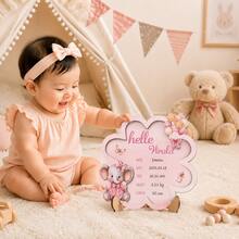 Pink Baby Growth Milestone Plaque, Personalized Birth Announcement, Wooden Nursery Decor, Elephant And Balloon Pattern, Newborn Keepsake - Multicolor - View 1