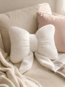 1PC Fluffy Plush Bow Shaped Throw Pillow, Squishy Soft Decorative Cushion For Room Decor & Bedroom Decor, Cute Aesthetic Bow Pillow For Living Room Sofa, Cozy Ornament For Apartment Dorm Home Decor - White - View 1