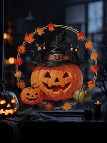 1pc Halloween Horror Pumpkin Witch Hat Black Cat Maple Leaf Window Sticker, Creative Self-Adhesive Removable Double-Sided Visible PVC Glass Decal, Suitable For Living Room Bedroom Dining Room Windows And Door Glass Decoration - A - View 4
