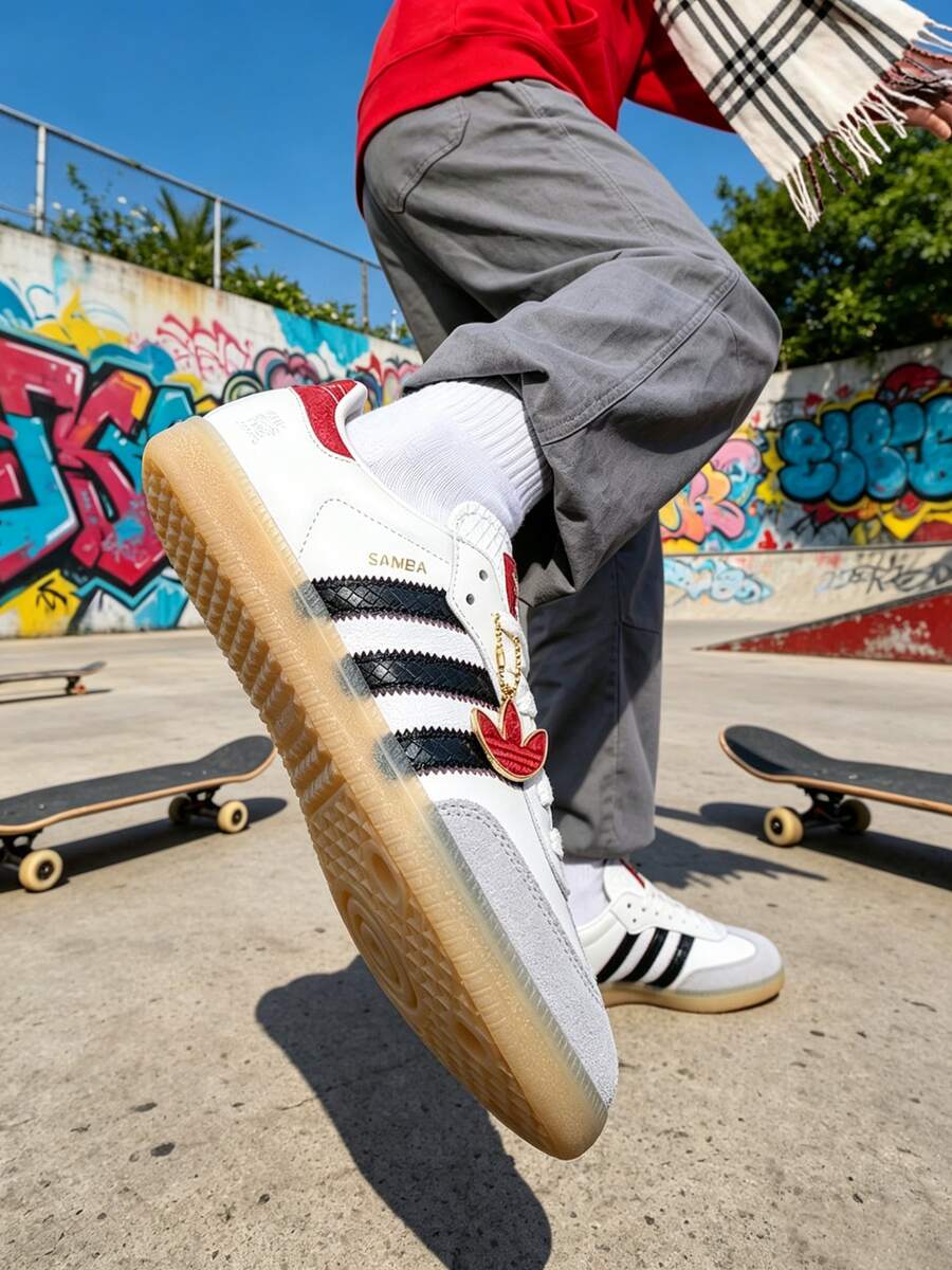 Adidas 中性 Samba OG 舒適輕量低筒休閒運動鞋,適合日常穿著、戶外運動與休閒,JQ5976 - 白/黑色/栗紅 - 查看 1