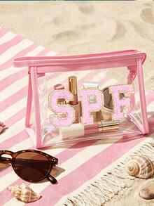 「SPF」印花 PVC 防水化妝包，PVC 防曬收納袋，拉鍊式 PVC 旅行收納袋，輕量耐褪色化妝盥洗包，TSA 認證便攜化妝收納盒，易清潔設計，適合女性與男性，適合母親、老師、朋友、護理師等，化妝包，學校假期旅行必備盥洗包，母親節禮物，夏季必備 - 彩色 - 查看 2