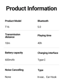 Tagry T16 Ear-Hook Wireless Bluetooth Earbuds, 40-Hour Battery Life, IPX5 Waterproof, LED Display, Suitable For Sports And Daily Use - View 7