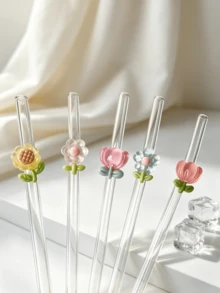 Transparent Borosilicate Glass Straws With Five Different Floral Combination Designs,Reusable And Cute,Includes A Cleaning Brush.Ideal For Cold Drinks, Smoothies, Sparkling Water, Milk Tea & Juices, Perfect For Parties, Picnics,Perfect Gift For Girls - View 2