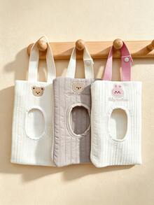 2pcs/1pc Letter Bear & Rabbit Cartoon Cute Embroidered Tissue Storage Handbag, Car Wet Wipe Pouch, Pull-Out Portable Hand-Carry Storage Bag - Multicolor - View 1
