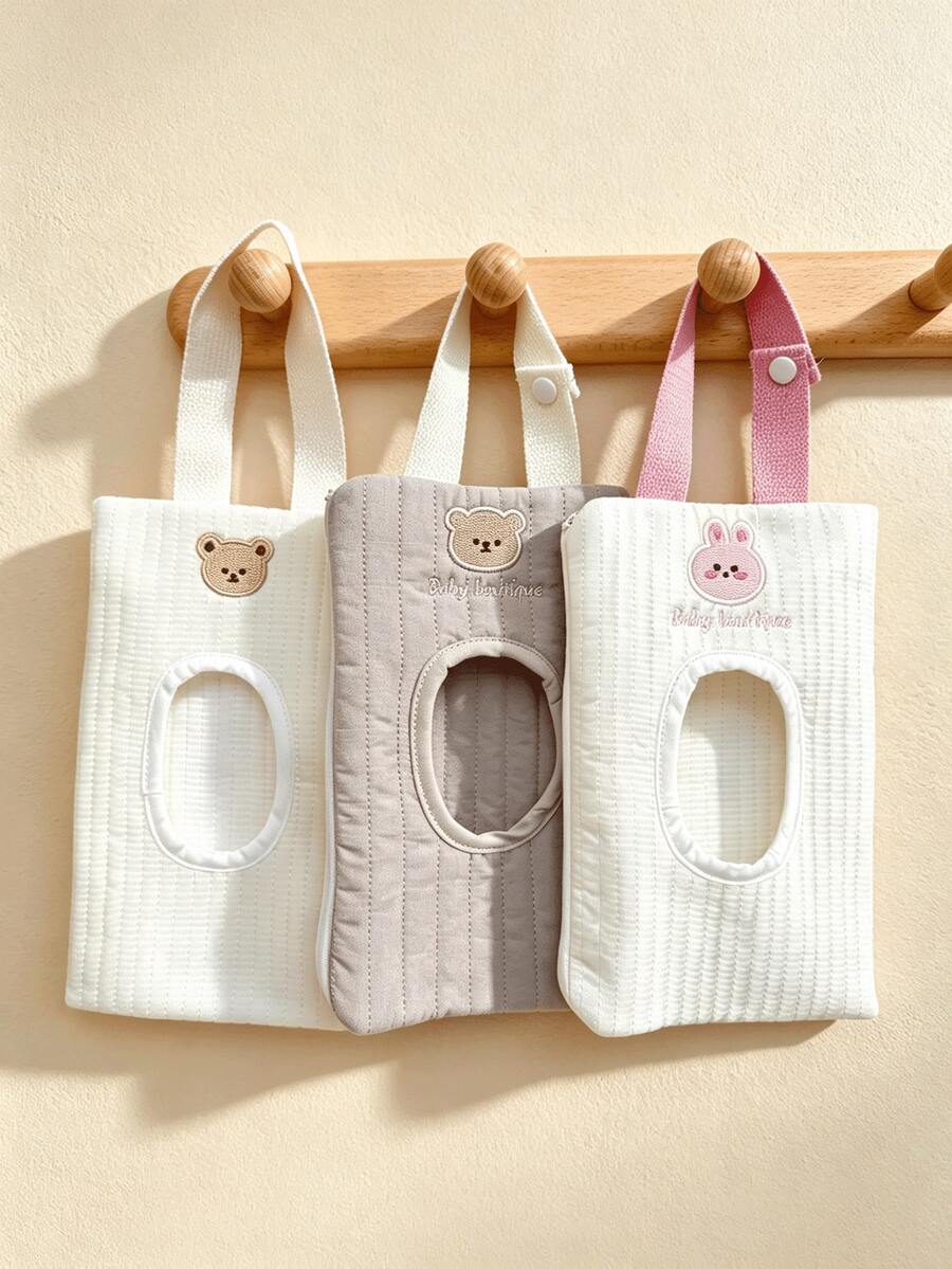 2pcs/1pc Letter Bear & Rabbit Cartoon Cute Embroidered Tissue Storage Handbag, Car Wet Wipe Pouch, Pull-Out Portable Hand-Carry Storage Bag - Multicolor - View 1