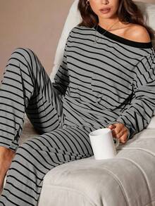 Women's Spring/Autumn Casual Pajama Set, Off-Shoulder Asymmetrical Neck Pullover Top With Simple Striped Print, Long Sleeve And Long Pants 2 Pieces Set, Slouchy High-End Loungewear - Multicolor - View 4