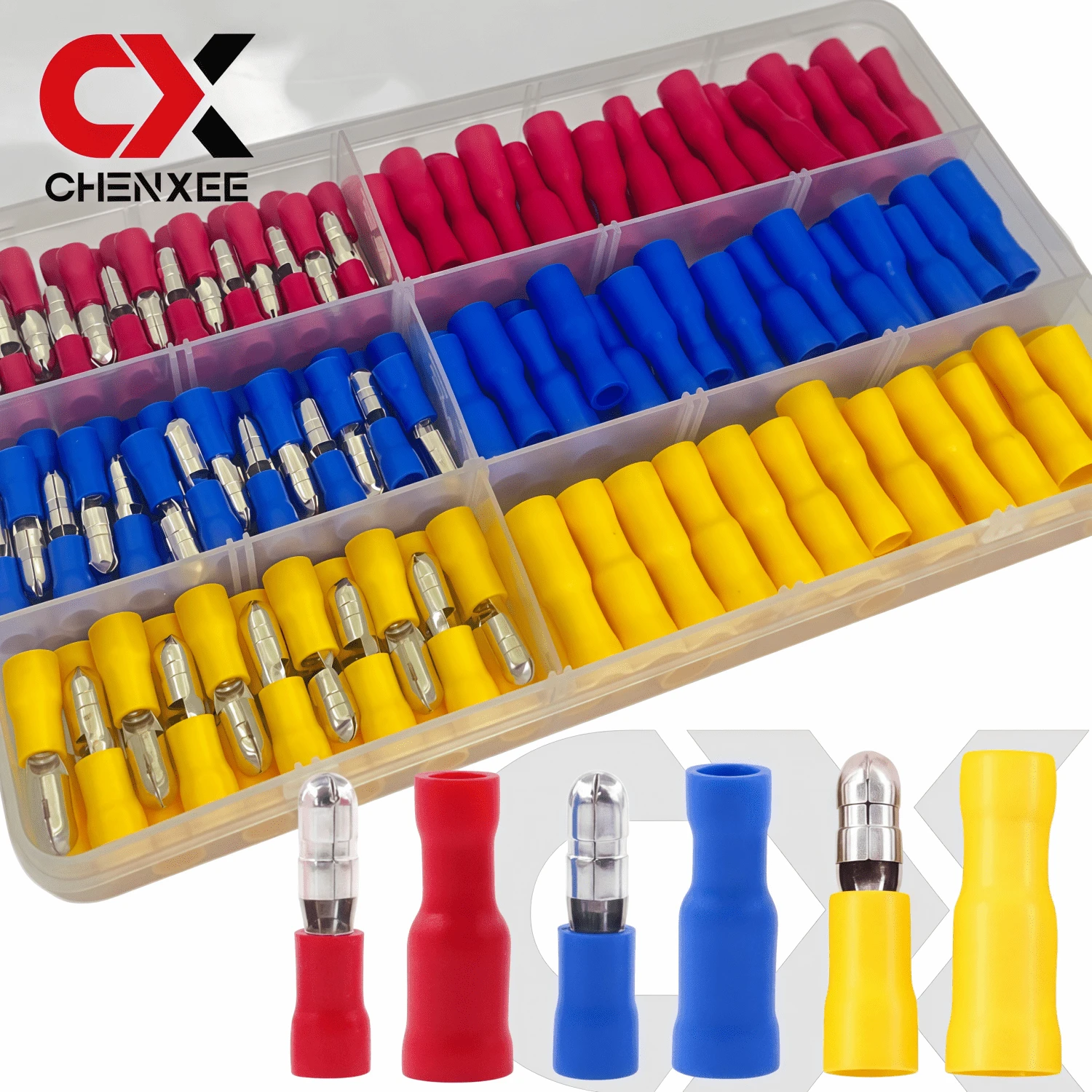 CHENXEE 80/160pcs Bullet Male & Female Connectors, Fully Insulated PVC Quick Wire Crimp Terminals, Suitable For Cars, Boats, Industrial Equipment, Marine, Trucks, Motorcycles, 22-10 AWG Wire Gauge, Red Yellow Blue Set