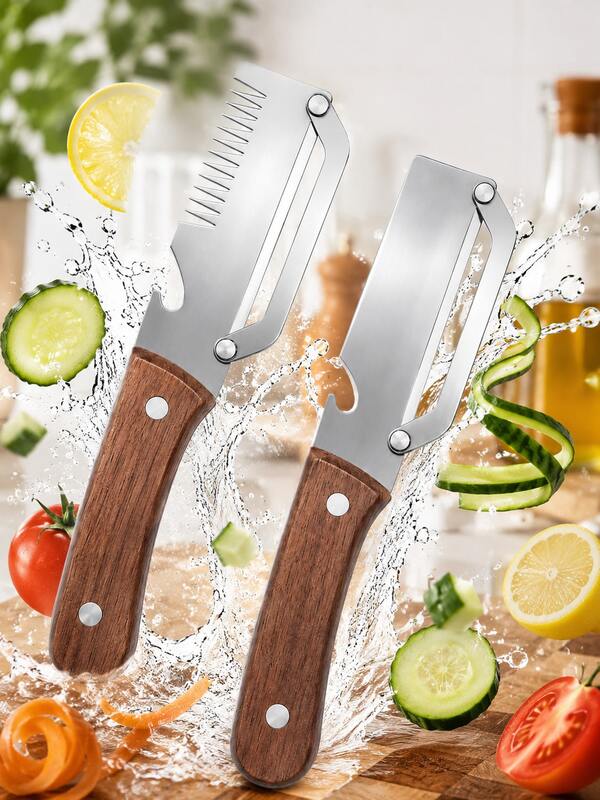 2pcs/Set 2026 Upgraded Wooden Handle Vegetable Peeler, Stainless Steel Wide Blade Potato Carrot Peeler, 3-In-1 Vegetable Peeler With Scallion Shredder And Bottle Opener, Suitable For Kitchen, Camping And Travel