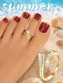 Bohemian Style Elegant Toe Ring, Sparkling Zirconia, Adjustable Open Toe Ring, Summer Vacation Party Accessory, Valentine's Day Gift - Gold - View 1