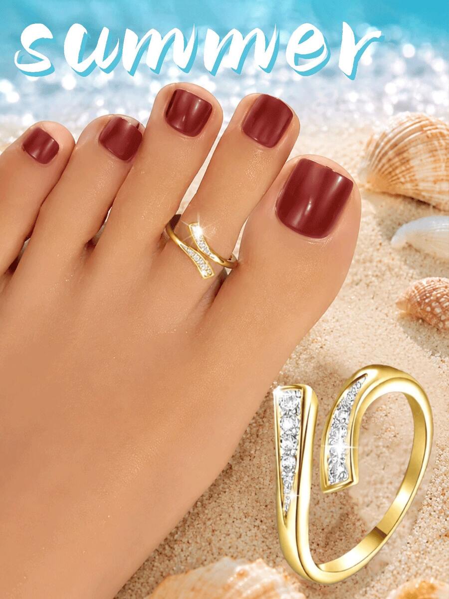 Bohemian Style Elegant Toe Ring, Sparkling Zirconia, Adjustable Open Toe Ring, Summer Vacation Party Accessory, Valentine's Day Gift - Gold - View 1