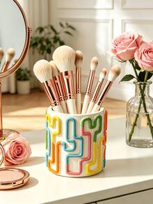 1pc Cute Mushroom & Line Pattern Makeup Brush Holder, Cream Style Large Capacity Desktop Makeup Brush Bucket, Exquisite Desktop Storage For Vanity, Bathroom And Bedroom, Large Capacity Cosmetic Storage Cup, Smooth Glazed Vanity Organizer, Ideal Gift For Women, Home Decor - A - View 8