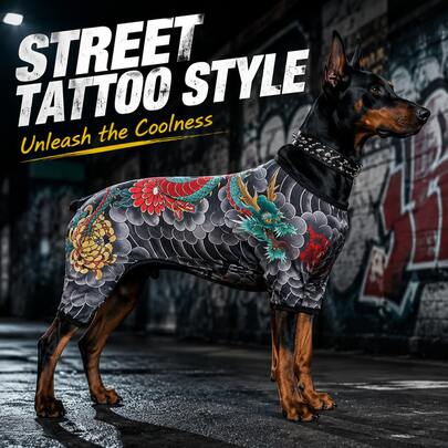 Street Tattoo Dragon & Floral Print Pet , Suitable For Medium And Large Dogs, Perfect For Daily Walks And Street Style Photos, Cool And Eye-Catching Pet Apparel, Ideal Gift For Dog Lovers
