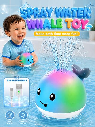 Juguete de baño con forma de ballena, juguete de ballena con spray de agua recargable por USB y colores, adecuado para bebés, niños pequeños, niños y niñas, regalo para juegos de agua