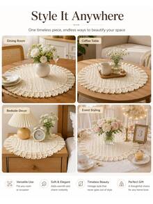 Bubaba Vintage Crochet Lace Round Table Mat, 60cm/40cm Handmade Hollow Lace Tablecloth With Scalloped Edge, Farmhouse Style Decorative Centerpiece For Coffee Table, Dining Table, Vanity - Beige - View 4