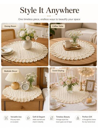 Bubaba Vintage Häkelspitze runde Tischmatte, 60cm/40cm handgefertigte Cut Out Spitzen Tischdecke mit gewelltem Rand, Landhausstil dekoratives Tischmittelstück für Couchtisch, Esstisch, Schminktisch