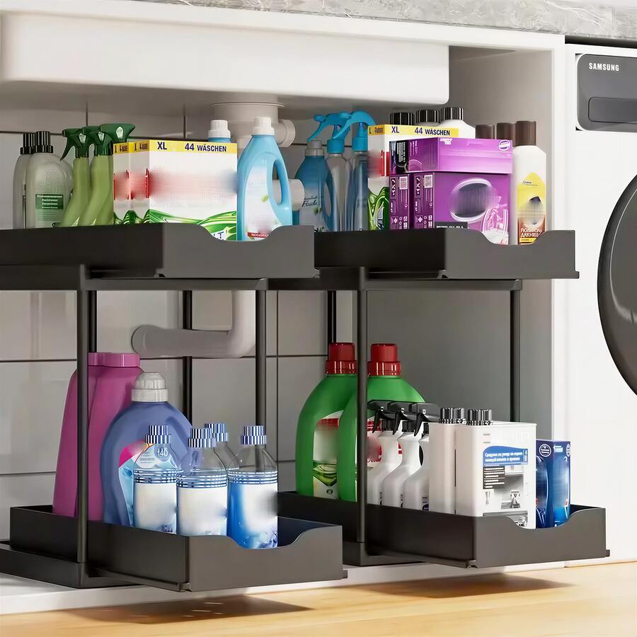 NATURAL SUMMERTIME 2-Piece Under-Sink Storage Rack, Double-Layer Sliding Design, Bathroom Cabinet Storage Box, Sliding Cabinet Drawer Storage Basket, Kitchen Accessories, Kitchen Organization Supplies, Bathroom Counter Storage Organizer With 10 Hooks. - 查看 1