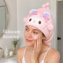 MINISO Sanrio My Melody 1件裝 粉色毛絨快乾吸水髮巾帽，可愛超吸水洗澡頭巾，適用淋浴、SPA、居家與旅行 - 粉色 - 查看 3