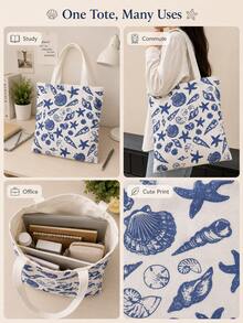 Ocean Print Canvas Laptop Accessory Tote Bag, Shell & Starfish Pattern Shoulder Bag, Large Capacity Computer Accessory Storage Bag, Suitable For Tablet, Charger, Data Cable, Laptop, Office And School Daily Use, School Commute, Small Gift For Family, Friends, Bestie - View 3