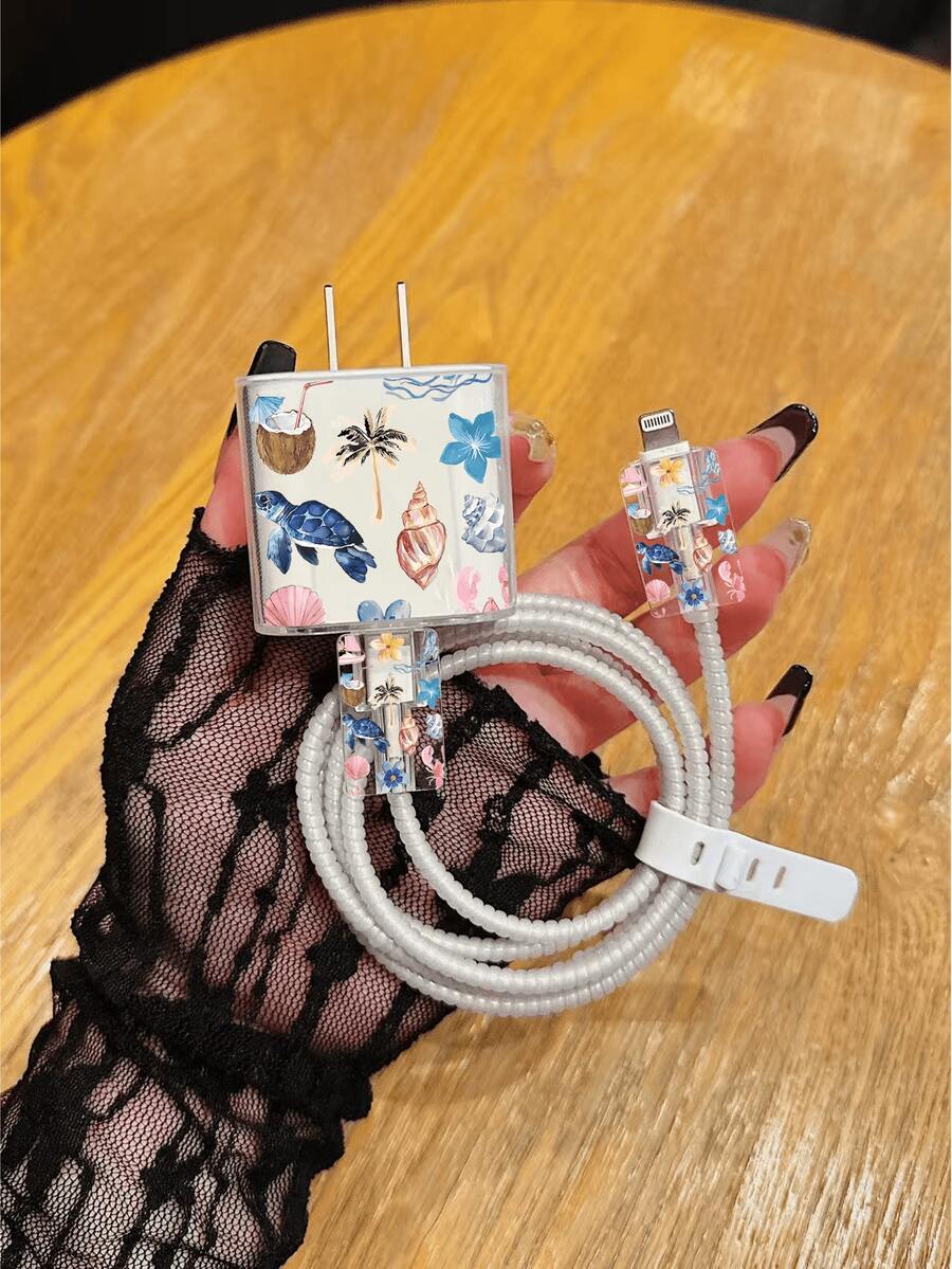 Marine Life Cute Turtle Pattern Charger Protective Case With Data Cable Protector Rope, Compatible With Apple 20W Charger, Minimalist Apple Charger Protective Shell, Compatible With 20W Phone 15/16 Pro Max Charging Cable Protector, Scratch-Resistant, Anti-Bite, Suitable For 13/14 Plus (Charging Cable And Charging Head Not Included) - Multicolor - View 1