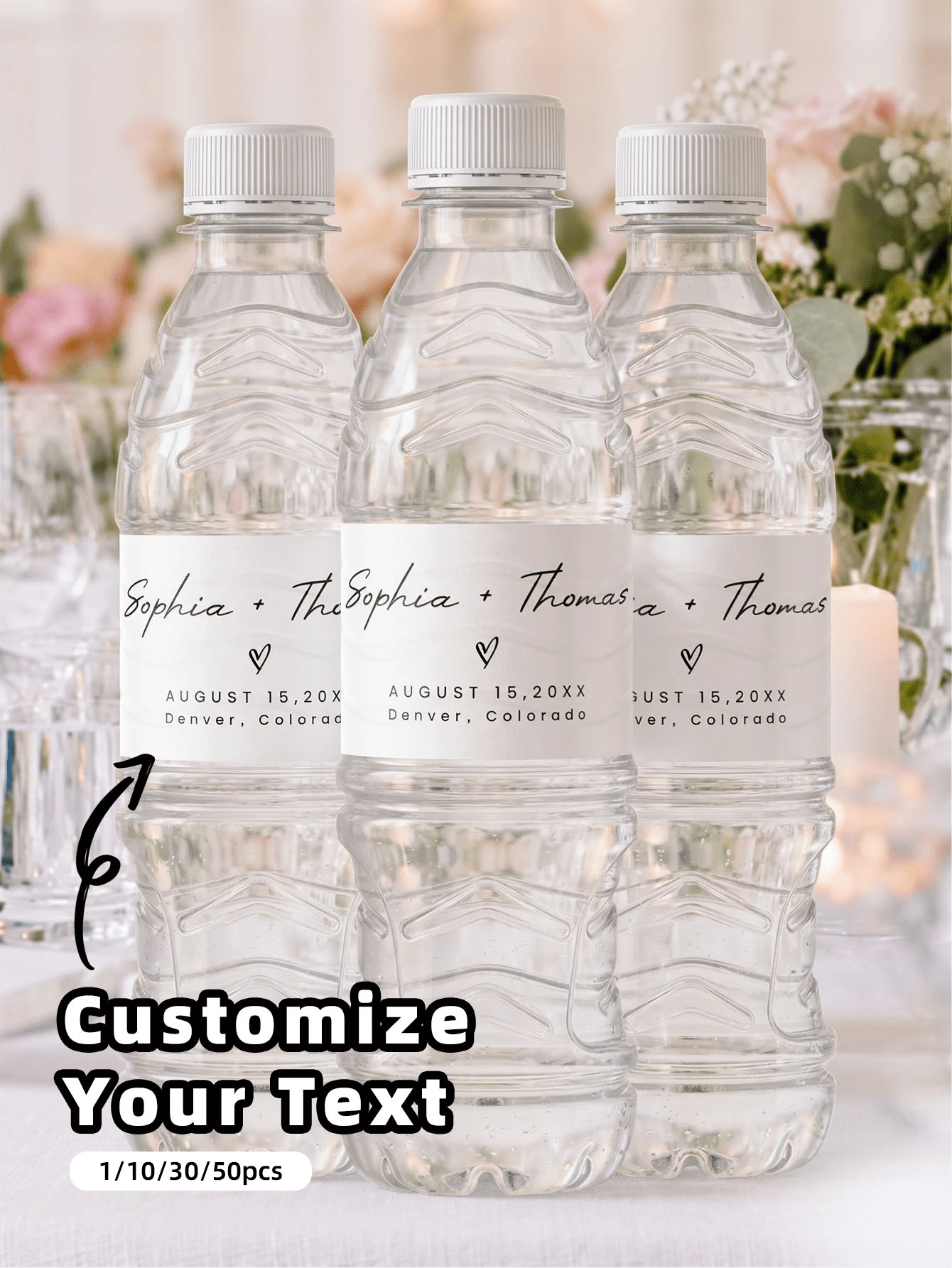1/10/30/50pcs Customized Water Bottle Labels, 3 Styles, Personalized Wedding Decoration, Customizable Wedding Text Labels, Custom Name, Text, Blessing, Gift For Groom, Bride, Friends, Couples, Weddings, Parties, Holiday, Birthday, Wedding Favors - Multicolor - View 1