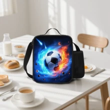 Lunchtasche mit Fußball-Muster und Roboter-Thema, isolierte weiche Lunchtasche, Schulanfang-Lunchtasche, Lunchbox, nicht für Lebensmittelkontakt, wiederverwendbare isolierte tragbare Lunchbox, Unisex, auslaufsichere Kühltasche, mit Wasserflaschenfach und Snackfach, ausgestattet mit verstellbarem Schultergurt und Handgriff - Vertikale Handtasche - Übersicht 3