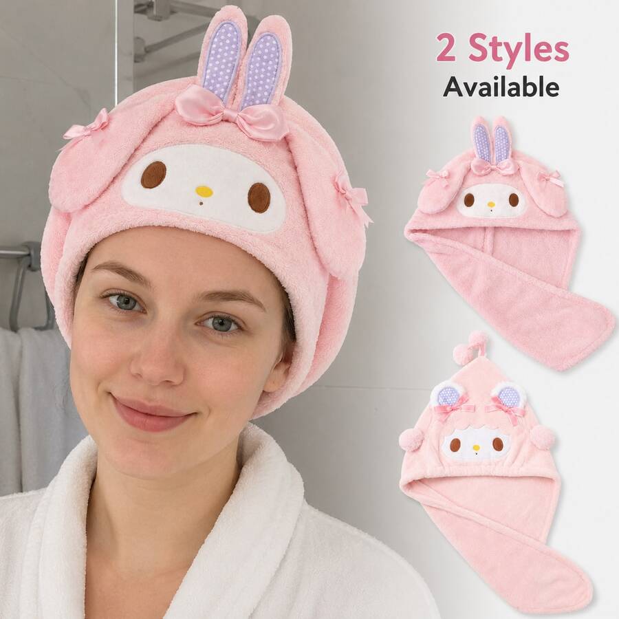 MINISO Sanrio My Melody 1件裝 粉色毛絨快乾吸水髮巾帽,可愛超吸水洗澡頭巾,適用淋浴、SPA、居家與旅行 - 粉色 - 查看 1