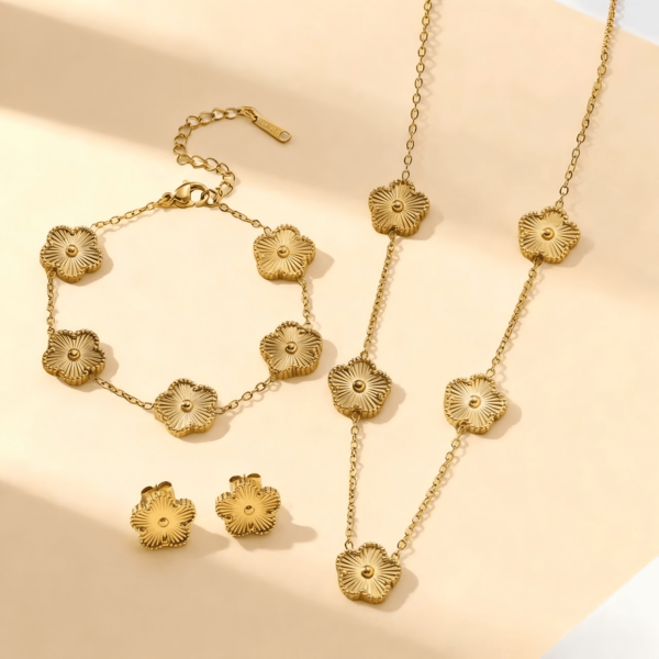 Stainless Steel Gold Plated Flower Jewelry Set 3Pcs, Dainty Necklace Bracelet Stud Earrings, Minimalist Daily Party Jewelry For Women