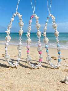 Cadena de teléfono con colgante de estilo de vida del océano de verano, con estrella de mar, tortuga marina, perla falsa, concha marina y flor de cuentas de arcilla suave, accesorio de viaje y vacaciones - Multicolor - Ver 8