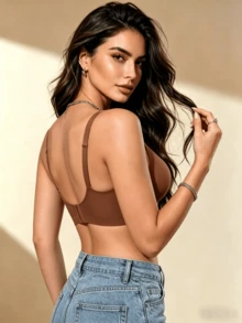 女款高品質無鋼圈果凍膠舒適柔軟時尚胸罩，V領果凍性感內衣，女款舒適百搭內衣，可拆式胸墊與精美背部設計 - 舒適無鋼圈結構，透氣舒適內衣，V領設計，彈性內衣，日常/四季/工作/瑜珈穿著 - 棕色 - 查看 2