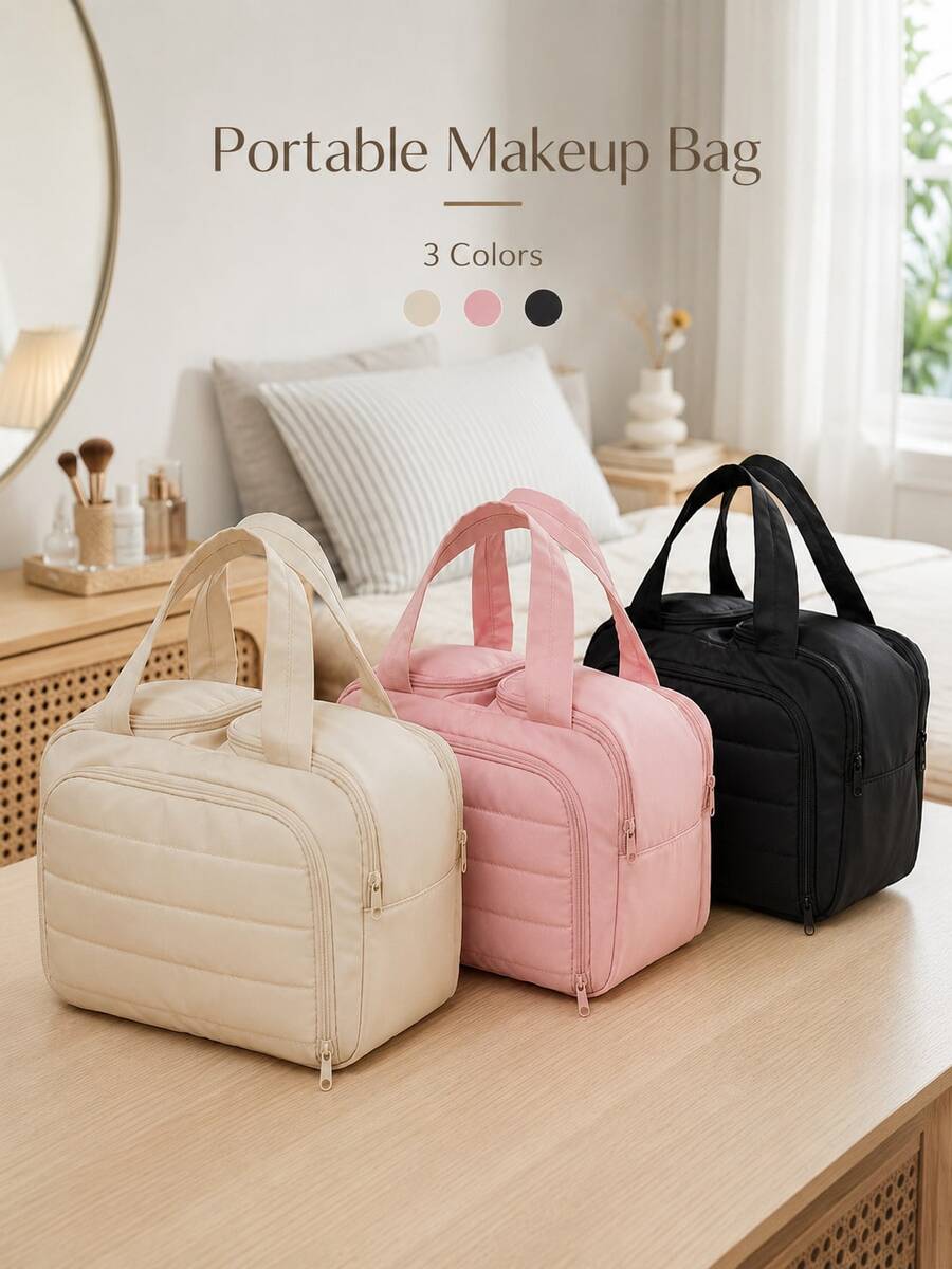 3/1pc Multi-Layer Puffy Makeup Bag-Large-Capacity Professional Zippered Travel Organizer; Multifunctional Women's Handbag With Partitioned Storage And Toiletry Compartments-Perfect For Gifting, Vacations, And Back-To-School.