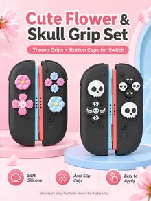 2pcs 3D Skull Joystick Caps + ABXY Button Caps Set, Compatible With Switch NS / Switch OLED / Switch Lite Joy-Con Controllers, Anti-Slip Silicone Joystick Protective Covers And Directional Button Caps Decoration, Soft TPU Material Wear-Resistant And Sweat-Proof, Enhance Gaming Control Feel, DIY Personalized Gaming Accessories, Compatible With Switch Players Gift, Couple Gaming Decoration, Halloween Gift. - View 1