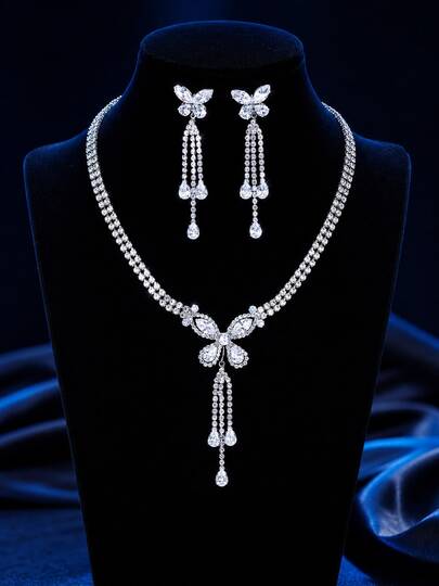 Juego de 3 piezas de joyería para mujer con collar de colgante de cristal de mariposa, conjunto de joyería glamorosa para novia y boda, collar y pendientes de cobre con incrustaciones de cristal y strass exquisitos, accesorios para vestido de ceremonia de boda, propuesta y dama de honor, adecuado para fiesta de noche y atuendo de novia