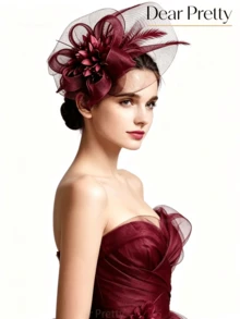 1pc Burgundy Women's Mesh Fascinator Hat With 3D Flower, Exquisite Mesh + 3D Flower Design, Suitable For Weddings, Banquets, Afternoon Tea, Evening Parties, Formal Ceremonies And Other Occasions, Elegant Vintage Style, Best Ball Hair Accessory - Burgundy - View 5