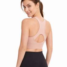 Sport Solid Front Zipper Racerback Cutout Back Sports Bra, Wirefree Removable Padded Shockproof Yoga Gym Workout Tank Top - Pink - View 5