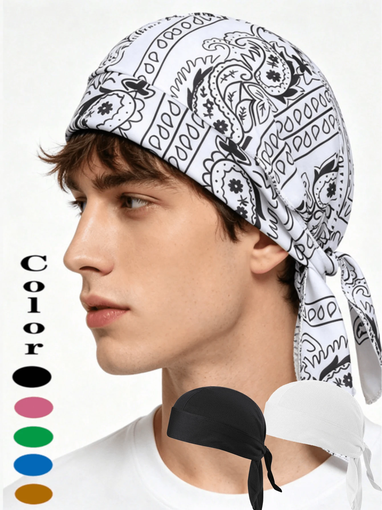 1pc Men's Cashew Flower Print Pirate Bandana Hat, Breathable Drawstring Bandana, Black Casual Cycling/Motorcycle Headwear, Hip Hop Headscarf - Multicolor - View 1