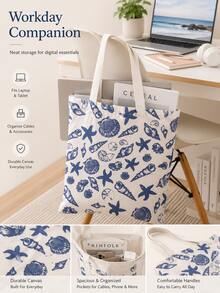 Ocean Print Canvas Laptop Accessory Tote Bag, Shell & Starfish Pattern Shoulder Bag, Large Capacity Computer Accessory Storage Bag, Suitable For Tablet, Charger, Data Cable, Laptop, Office And School Daily Use, School Commute, Small Gift For Family, Friends, Bestie - View 11