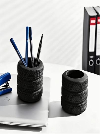 Creative Realistic Tire-Shaped Pen Holder, Car Enthusiast Desk Accessory, Quirky Personalized Desktop Storage Bin, Stationery Office Makeup Brush Organizer Decor