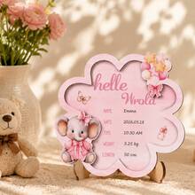 Pink Baby Growth Milestone Plaque, Personalized Birth Announcement, Wooden Nursery Decor, Elephant And Balloon Pattern, Newborn Keepsake - Multicolor - View 2
