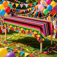 1/3 buah Taplak Meja Plastik Sekali Pakai Motif Garis-garis Tema Pesta Meksiko, Dekorasi Pesta Ulang Tahun Perayaan Cinco de Mayo, Persegi Panjang 137x274cm - MultiWarna - View 2