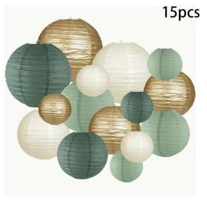 15pcs, Paper Lanterns Decorative, Round Hanging Paper Lanterns Decorations For Rustic Party Bridal Shower Wedding Sage Green Birthday Party Supplies