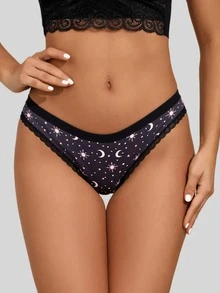 Dircho 1 pièce Tanga avec imprimé Soleil & Lune et bordure en dentelle, culotte confortable taille basse pour femmes - Multicolore - Voir 1