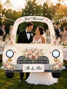 1pc-Just Married Photo Booth Frame, Wedding Car Selfie Frame Backdrop Cutout, Romantic Rose Floral Picture Prop Banner For Bridal Shower Engagement Party Decor - 1pc - View 3