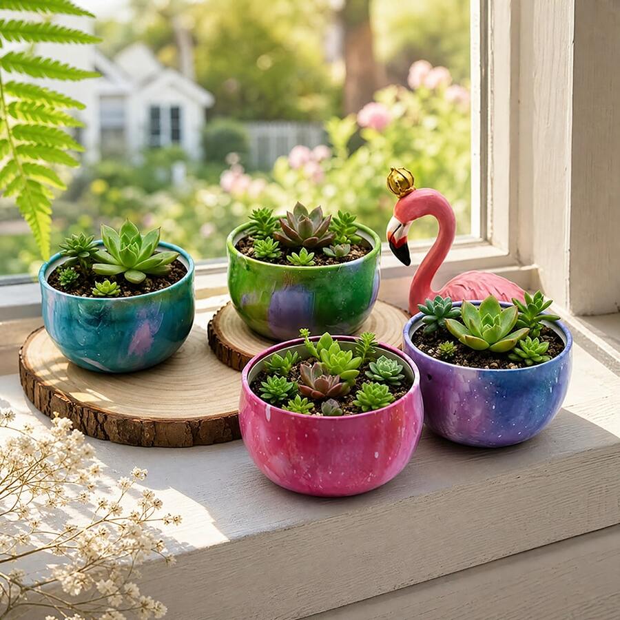 6Pcs Starry Sky Printed Metal Mini Plant Pots With Lids, Multifunctional Small Planters For Succulents & Tiny Plants, Great For DIY Candle Making, Desktop Decor, Party Favors & Small Trinket Storage
