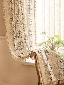 Bubaba Boho Leaf Pattern Curtains With Tassel Fringe, Light Filtering Linen Textured Window Panels For Living Room, Bedroom & Farmhouse Decor - Beige - View 9
